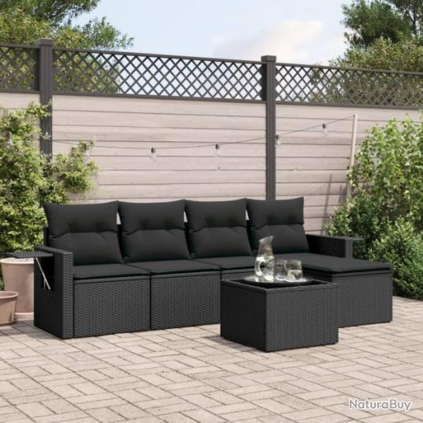 Salon de jardin 6 pcs avec coussins noir rsine tresse