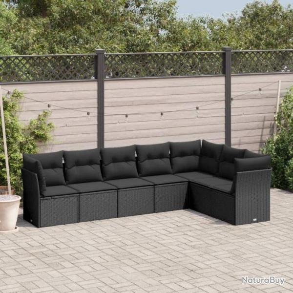 Salon de jardin 7 pcs avec coussins noir rsine tresse