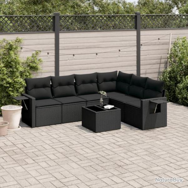 Salon de jardin 7 pcs avec coussins noir rsine tresse