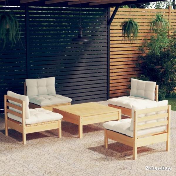 Salon de jardin 5 pcs avec coussins crme bois de pin