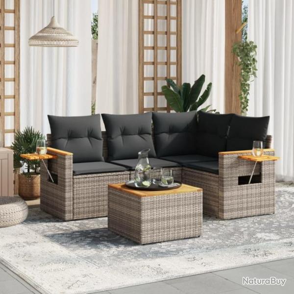 Salon de jardin 5 pcs avec coussins gris rsine tresse