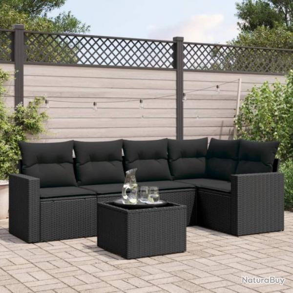 Salon de jardin 6 pcs avec coussins noir rsine tresse