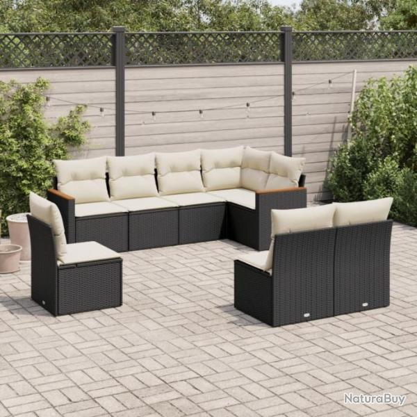 Salon de jardin 8 pcs avec coussins noir rsine tresse