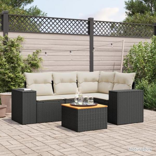 Salon de jardin 5 pcs avec coussins noir rsine tresse