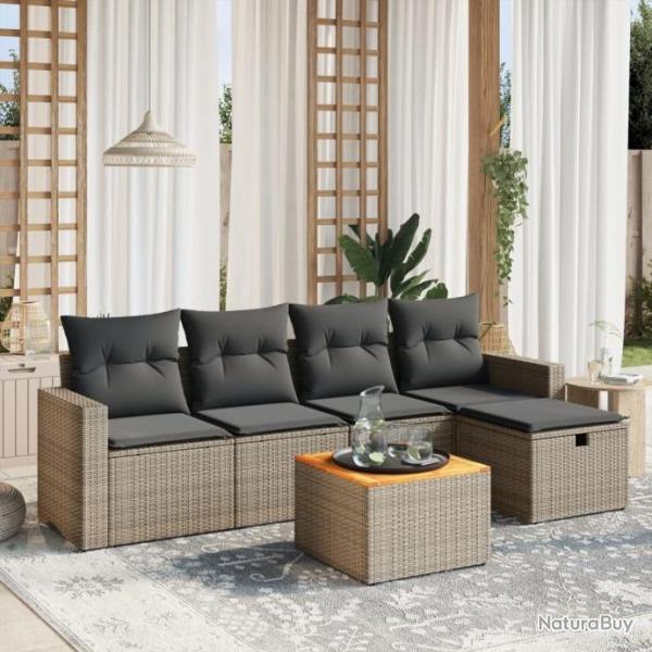 Salon de jardin 6 pcs avec coussins gris rsine tresse