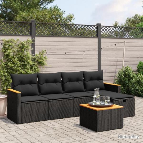 Salon de jardin 6 pcs avec coussins noir rsine tresse