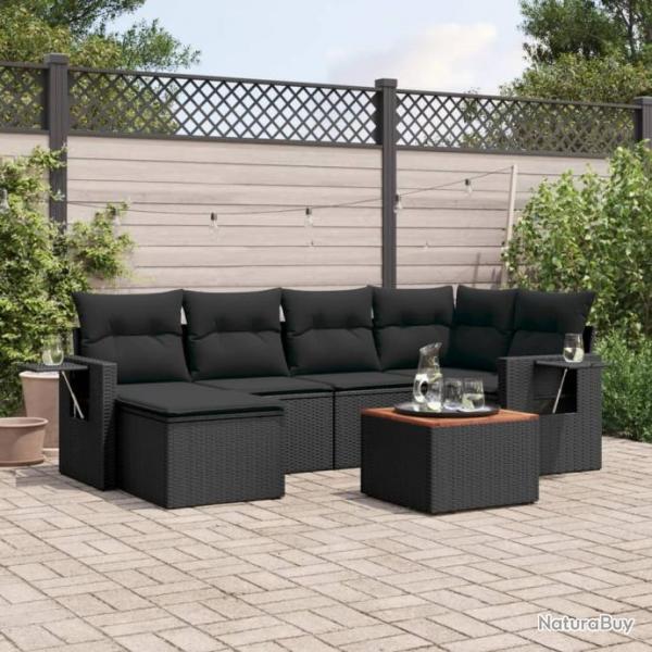 Salon de jardin 7 pcs avec coussins noir rsine tresse