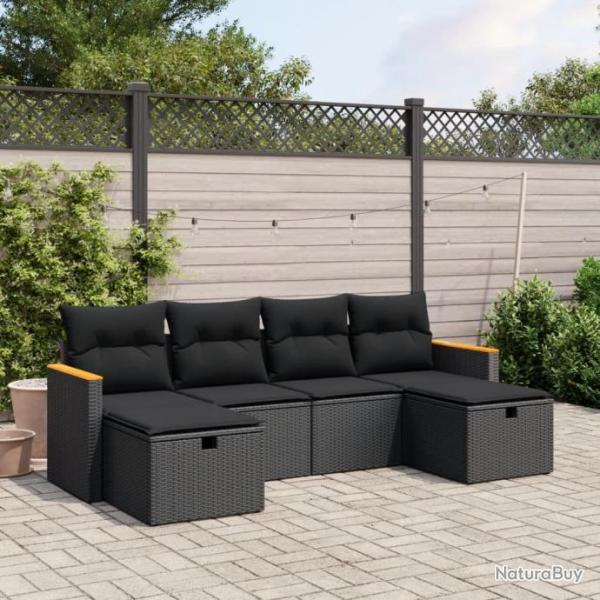 Salon de jardin 6 pcs avec coussins noir rsine tresse