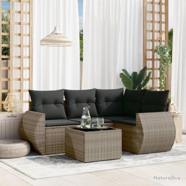 Salon de jardin 5 pcs avec coussins gris rsine tresse