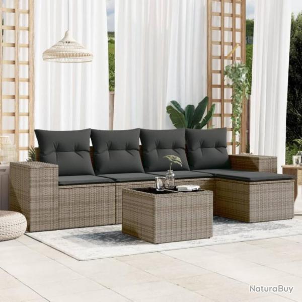 Salon de jardin 6 pcs avec coussins gris rsine tresse