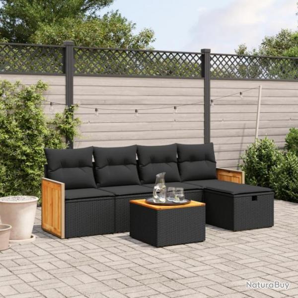 Salon de jardin 6 pcs avec coussins noir rsine tresse