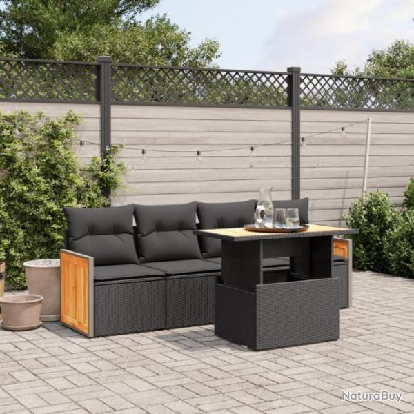 Salon de jardin 5 pcs avec coussins noir rsine tresse