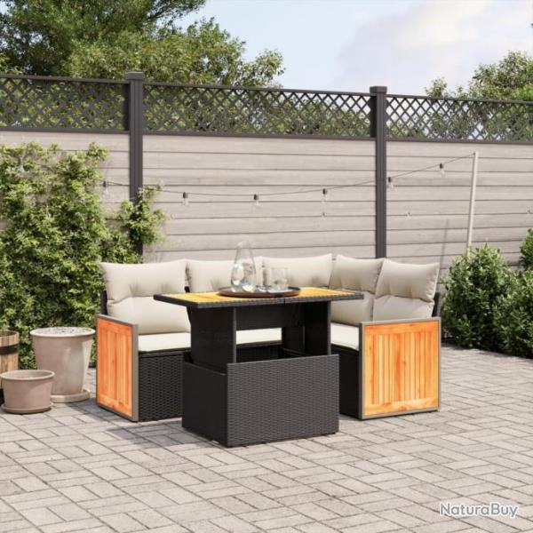 Salon de jardin 5 pcs avec coussins noir rsine tresse