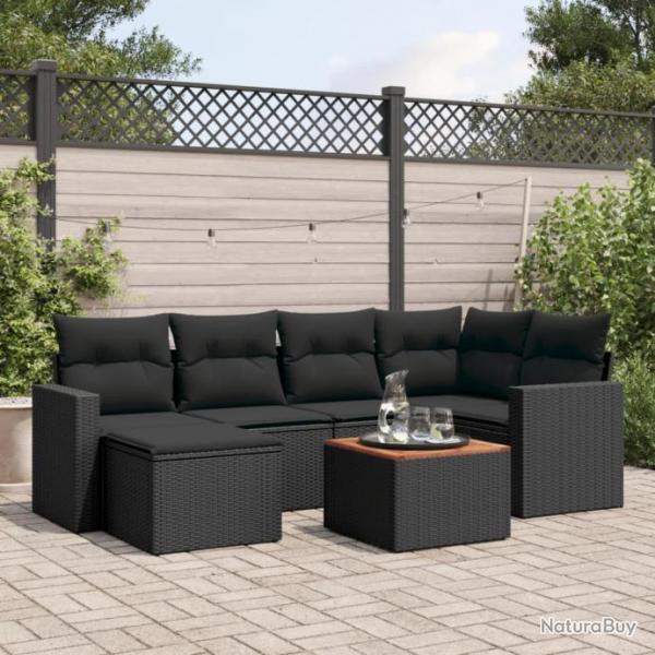 Salon de jardin 7 pcs avec coussins noir rsine tresse