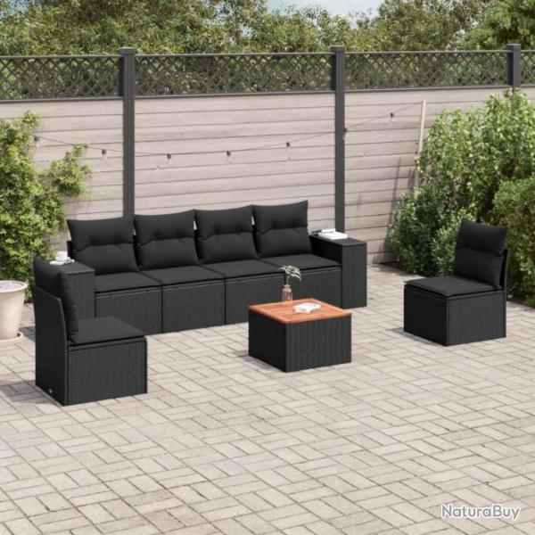 Salon de jardin 7 pcs avec coussins noir rsine tresse