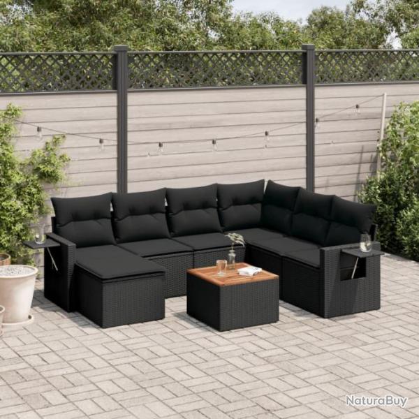 Salon de jardin 8 pcs avec coussins noir rsine tresse