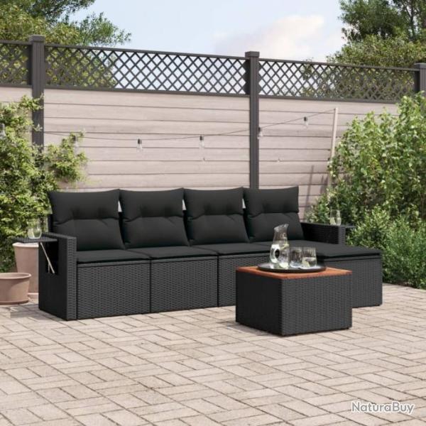 Salon de jardin 6 pcs avec coussins noir rsine tresse