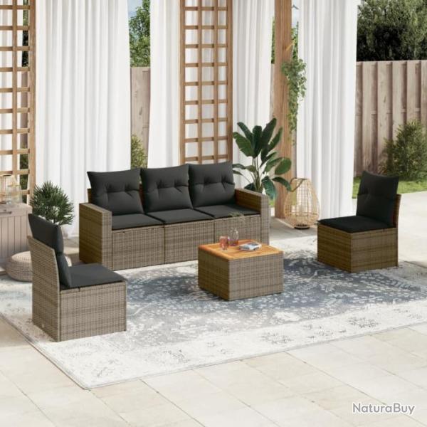 Salon de jardin 6 pcs avec coussins gris rsine tresse