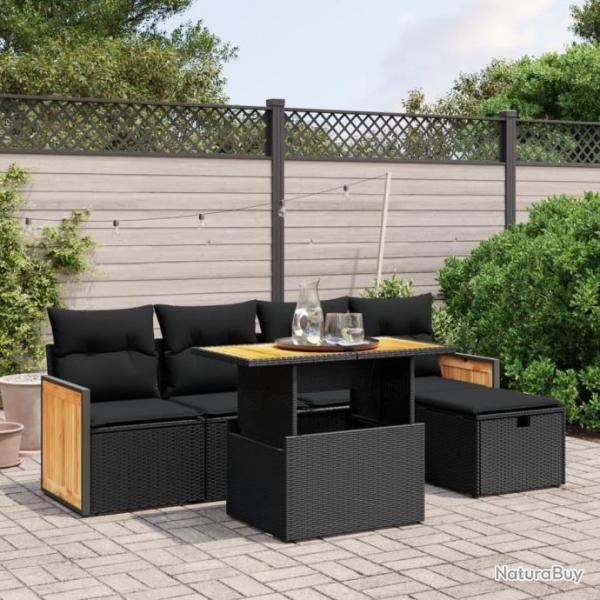 Salon de jardin 6 pcs avec coussins noir rsine tresse