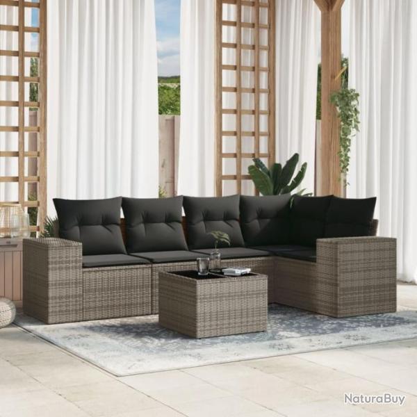 Salon de jardin 6 pcs avec coussins gris rsine tresse