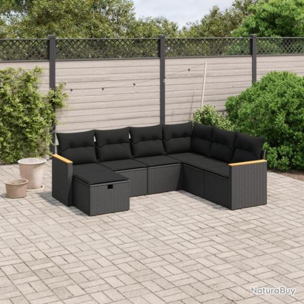 Salon de jardin 7 pcs avec coussins noir rsine tresse