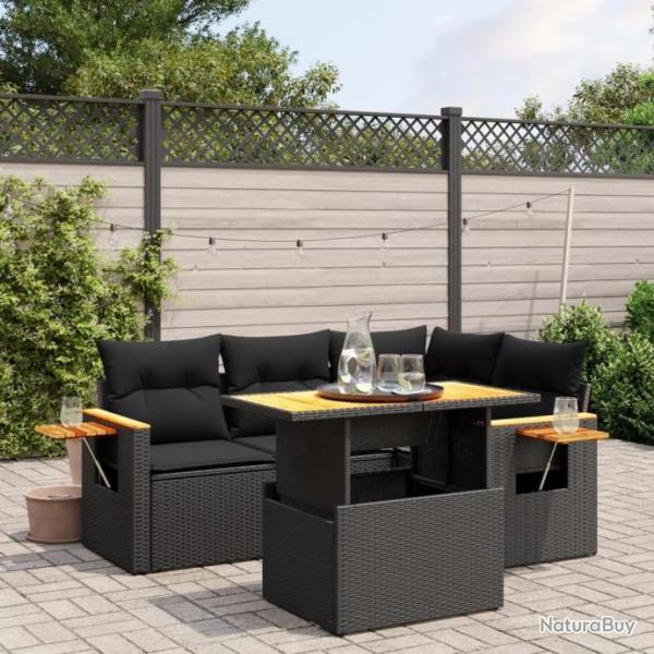 Salon de jardin 5 pcs avec coussins noir rsine tresse