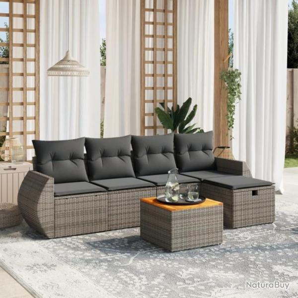 Salon de jardin 6 pcs avec coussins gris rsine tresse