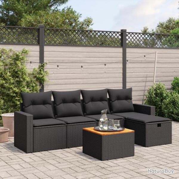 Salon de jardin 6 pcs avec coussins noir rsine tresse