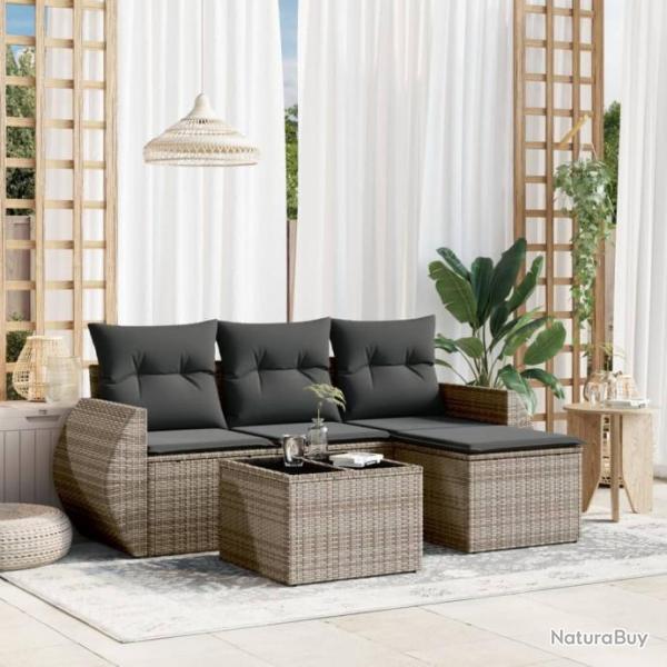 Salon de jardin 5 pcs avec coussins gris rsine tresse