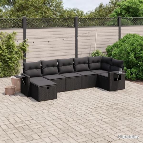 Salon de jardin 7 pcs avec coussins noir rsine tresse