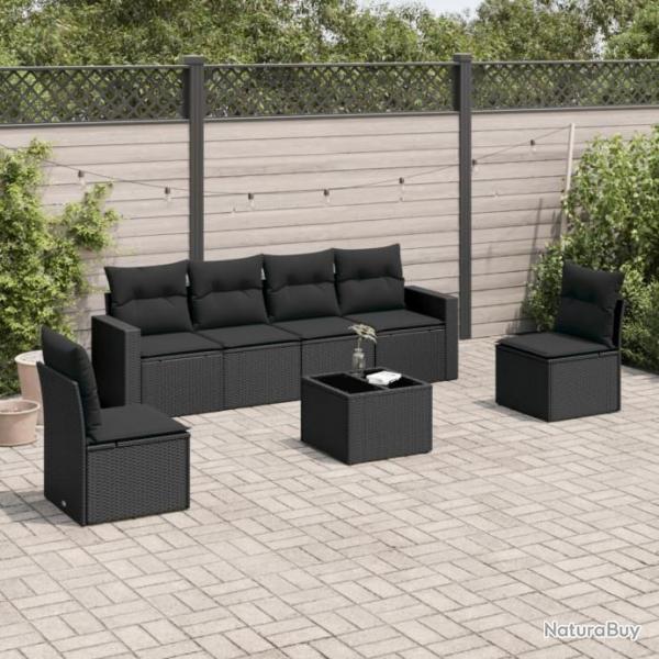 Salon de jardin 7 pcs avec coussins noir rsine tresse