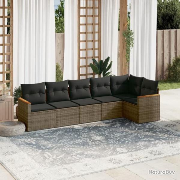 Salon de jardin 6 pcs avec coussins gris rsine tresse