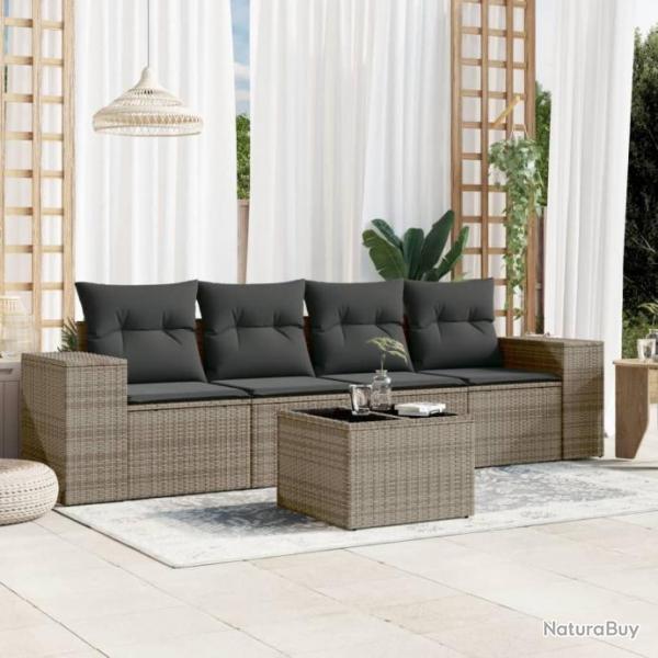 Salon de jardin 5 pcs avec coussins gris rsine tresse