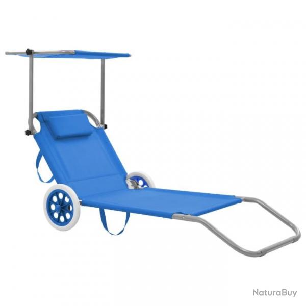 Chaise longue pliable avec auvent et roues Acier Bleu