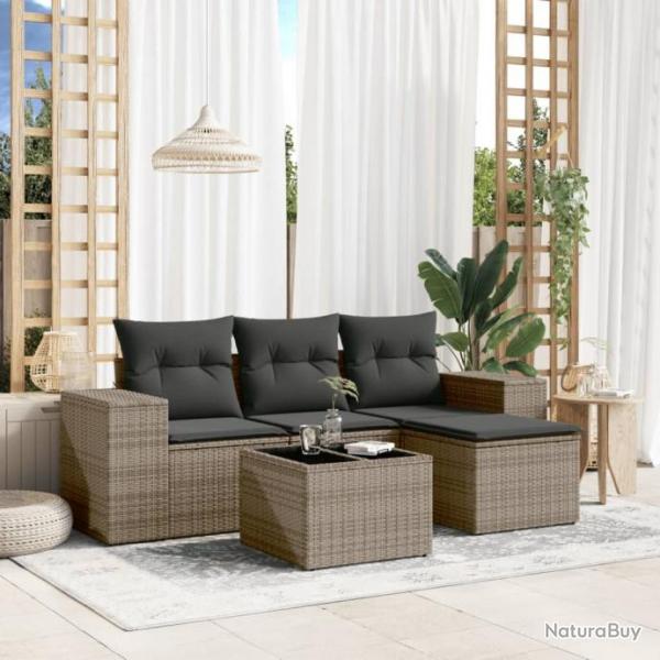 Salon de jardin 5 pcs avec coussins gris rsine tresse