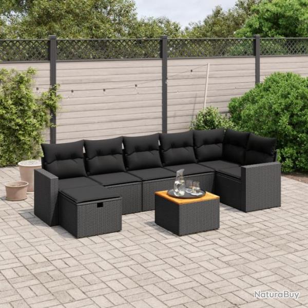 Salon de jardin 8 pcs avec coussins noir rsine tresse