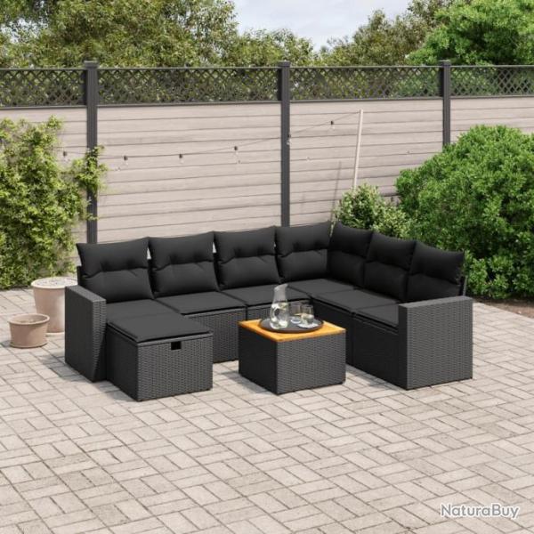 Salon de jardin 8 pcs avec coussins noir rsine tresse