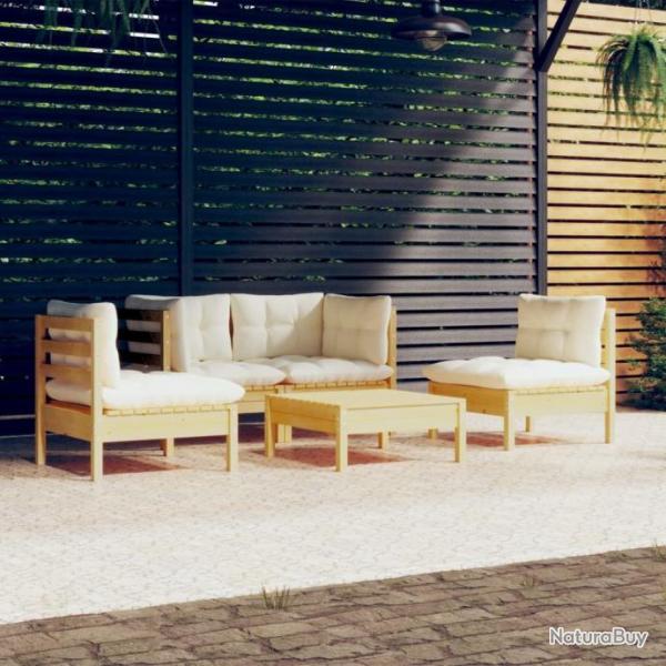 Salon de jardin 5 pcs avec coussins crme bois de pin massif