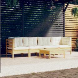 Salon de jardin 5 pcs avec coussins crème bois de pin massif