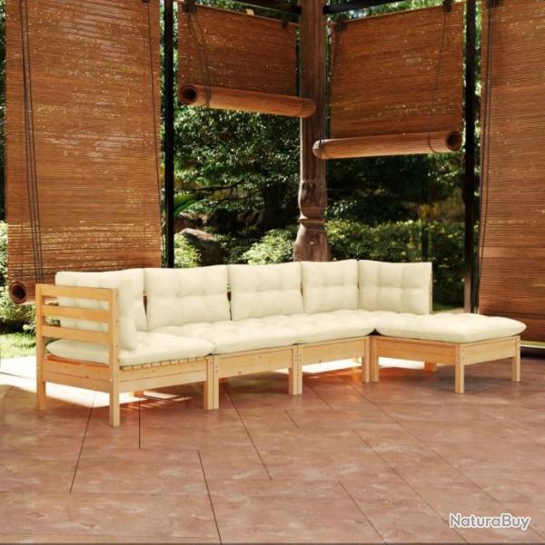 Salon de jardin 5 pcs avec coussins crme bois de pin