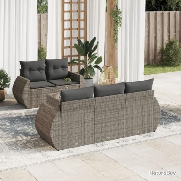 Salon de jardin 6 pcs avec coussins gris rsine tresse