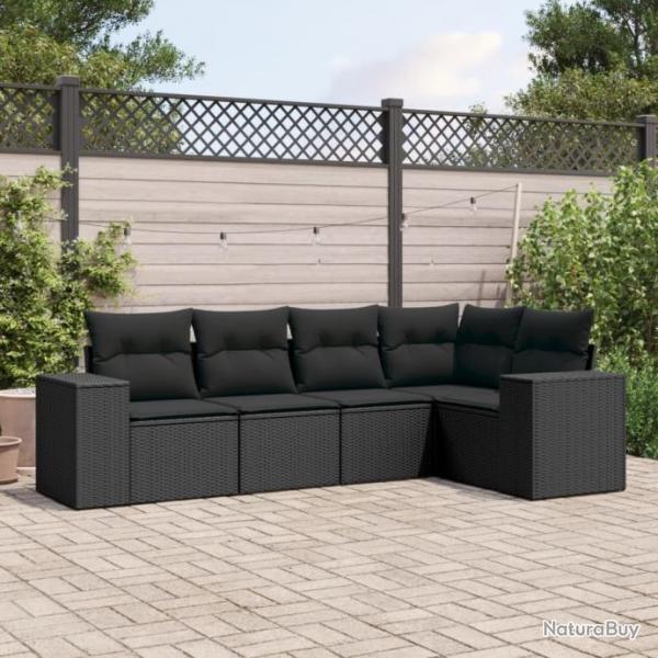 Salon de jardin 5 pcs avec coussins noir rsine tresse