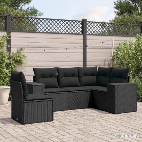 Salon de jardin 5 pcs avec coussins noir rsine tresse