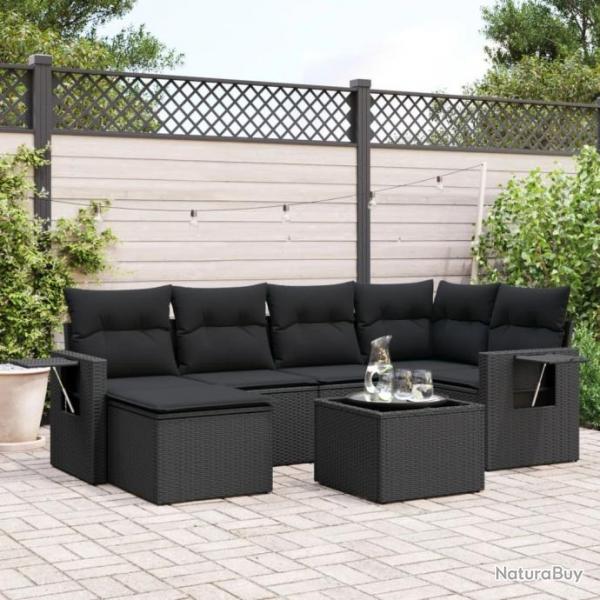 Salon de jardin 7 pcs avec coussins noir rsine tresse