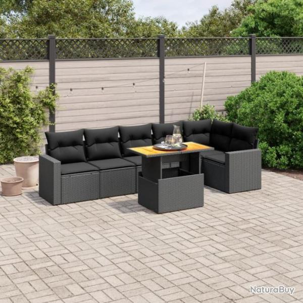 Salon de jardin 7 pcs avec coussins noir rsine tresse