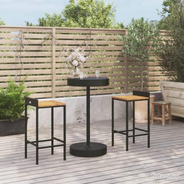 Ensemble de bar jardin 3 pcs noir poly rotin/bois massif acacia