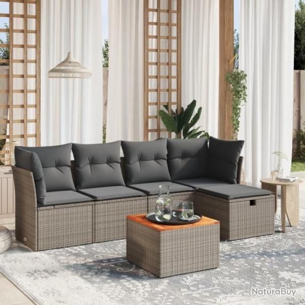 Salon de jardin 6 pcs avec coussins gris rsine tresse