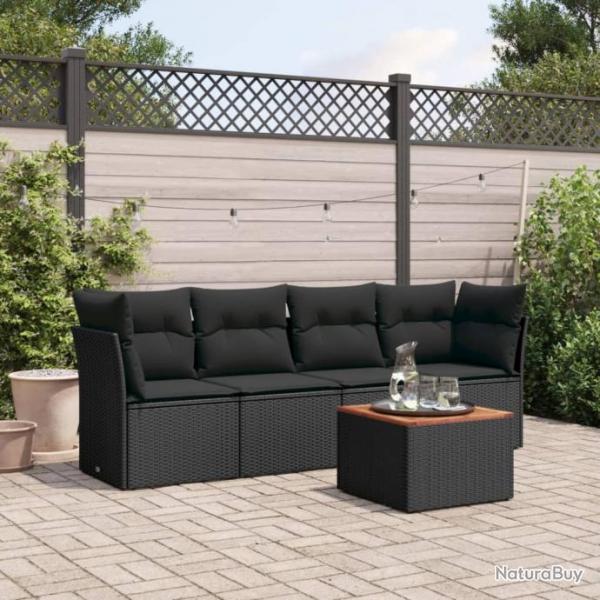 Salon de jardin 5 pcs avec coussins noir rsine tresse