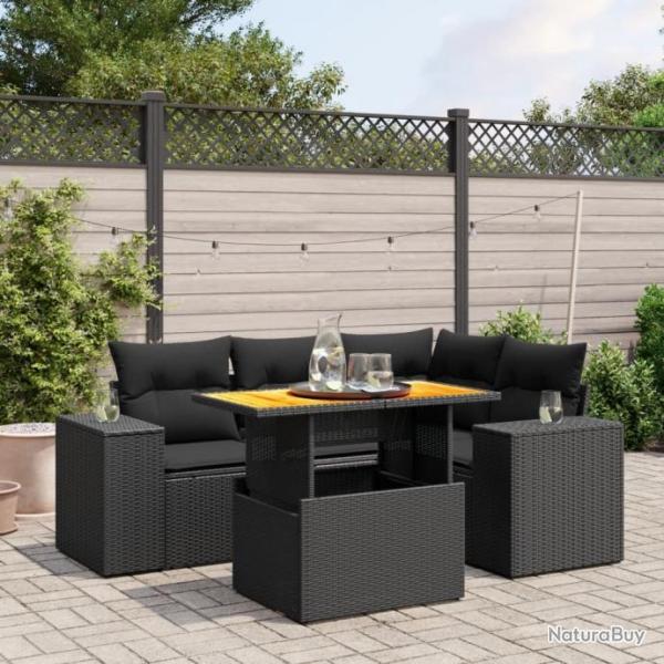 Salon de jardin 5 pcs avec coussins noir rsine tresse