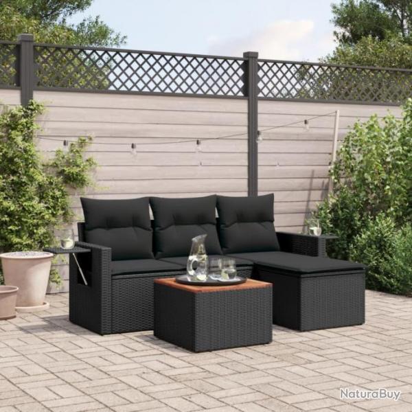 Salon de jardin 5 pcs avec coussins noir rsine tresse